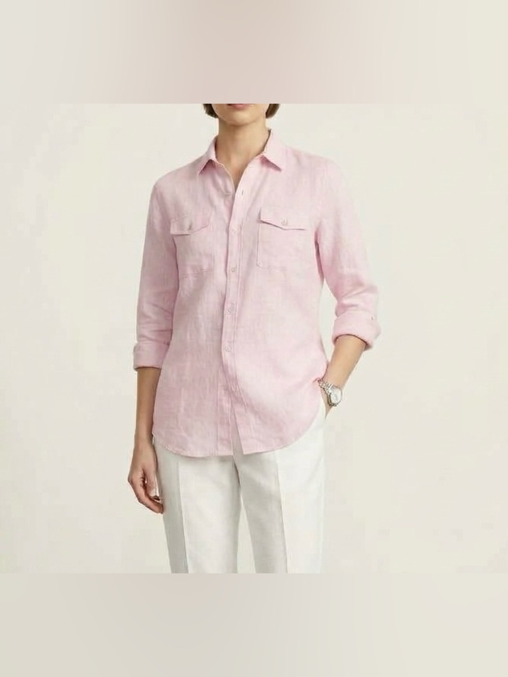 Chicos Pink Linen Button Down Shirt Size 0 Small Utility Pocket Long Sleeve Top